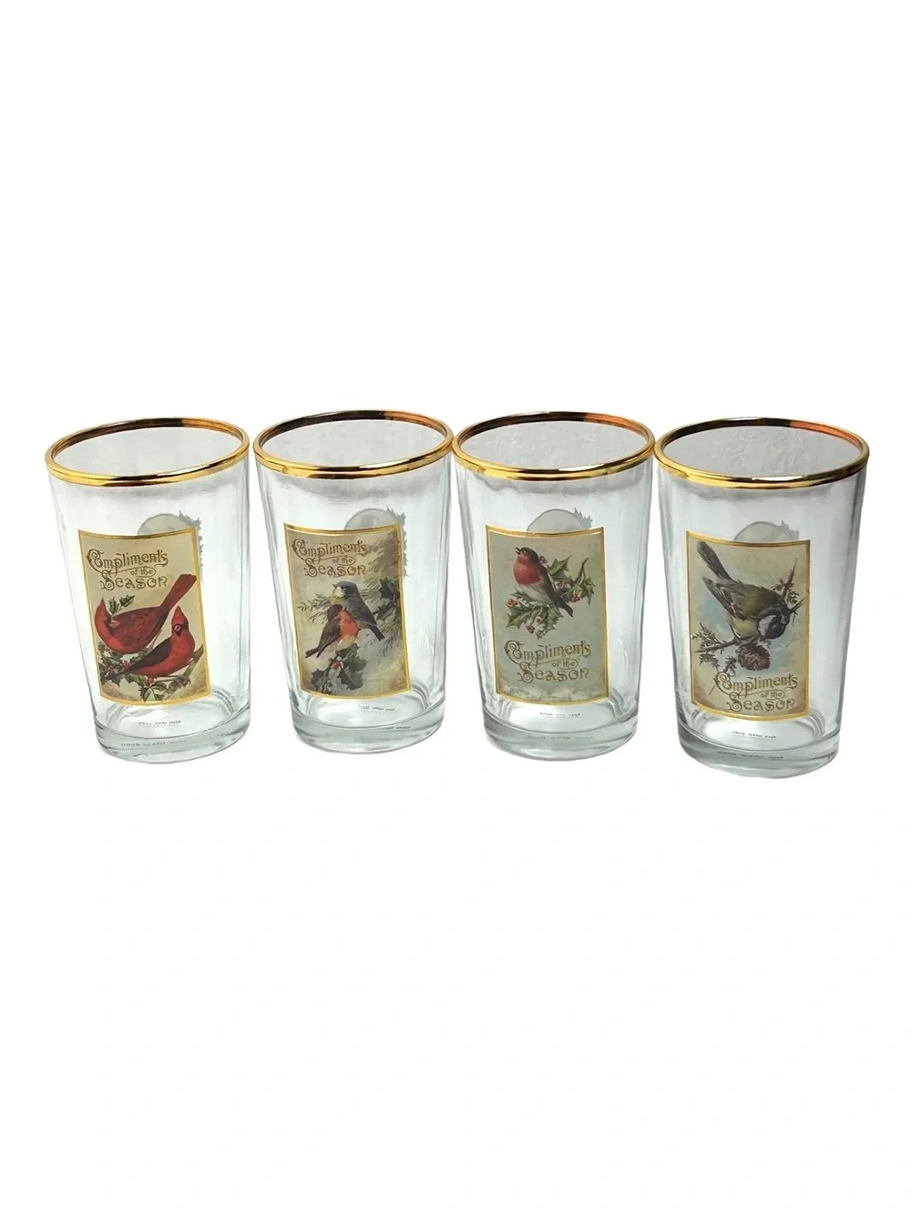 Vintage West Virginia Glass Holiday Glasses with Bird Motifs and Gold Trim